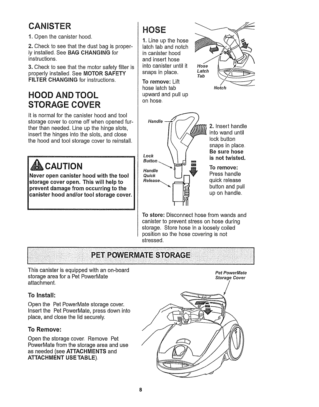 Kenmore 116.28615 owner manual Canister, Hood and Tool Storage Cover, Hose, Tab, To remove 