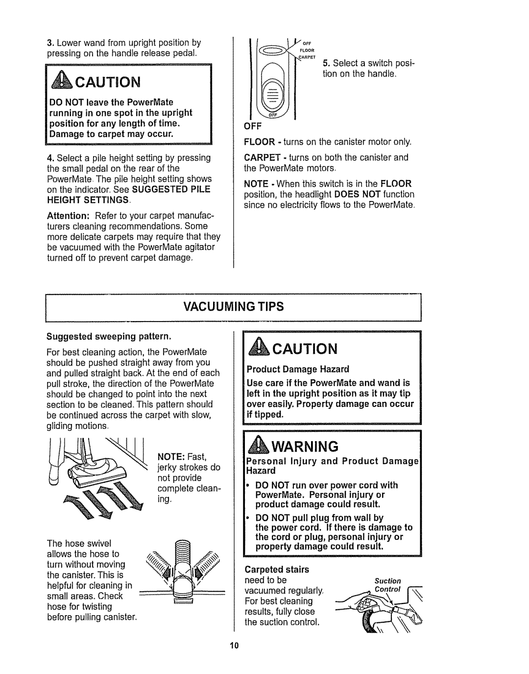 Kenmore 116.28615 owner manual CAUTnON, Vacuuming Tips, Suction 