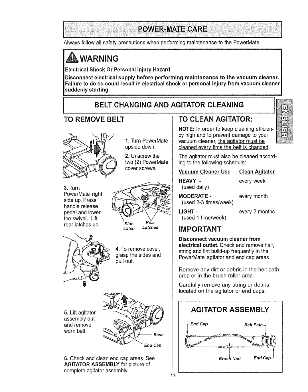 Kenmore 116.28615 owner manual To Remove Belt, To Clean Agitator, Belt Changing And Agitator Cleaning, worn belt 