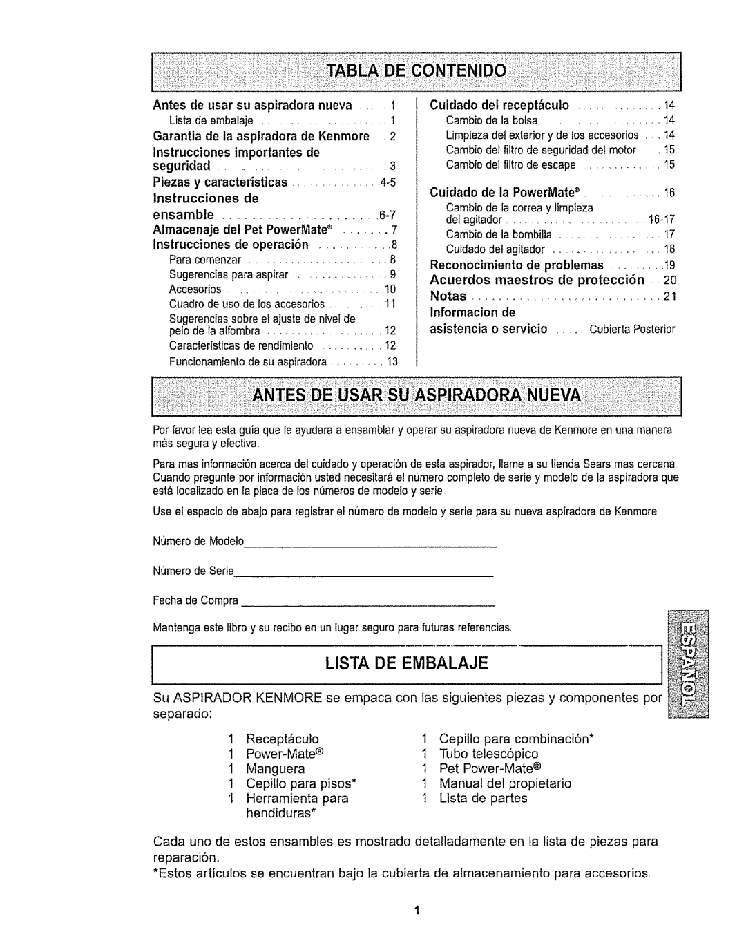 Kenmore 116.28615 owner manual Lista De Embalaje, de usar su aspiradora nueva, y caracteristicas 