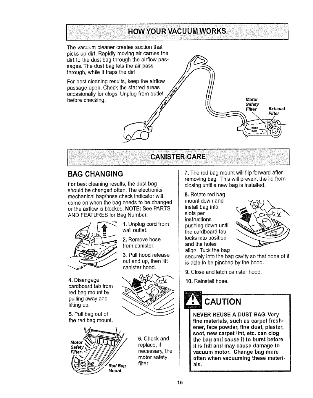 Kenmore 116.29912 owner manual BAG Changing, Motor, Safe 