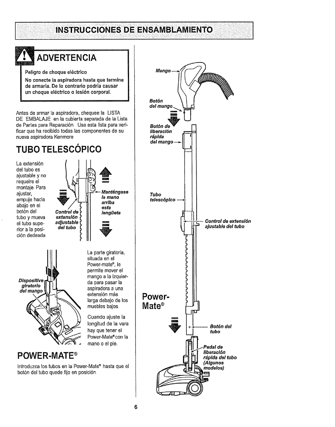 Kenmore 116.29912 owner manual Tubo Telescopico, Bot6n del Bot6n de2 Itberaol6n Rplda Dei mango 