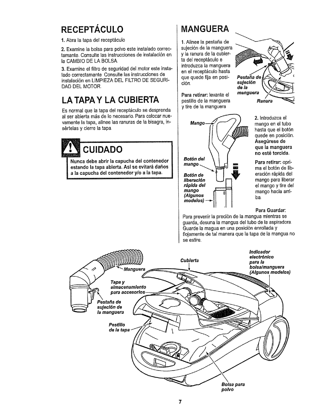 Kenmore 116.29912 owner manual RECEPT. Culo, Manguera 