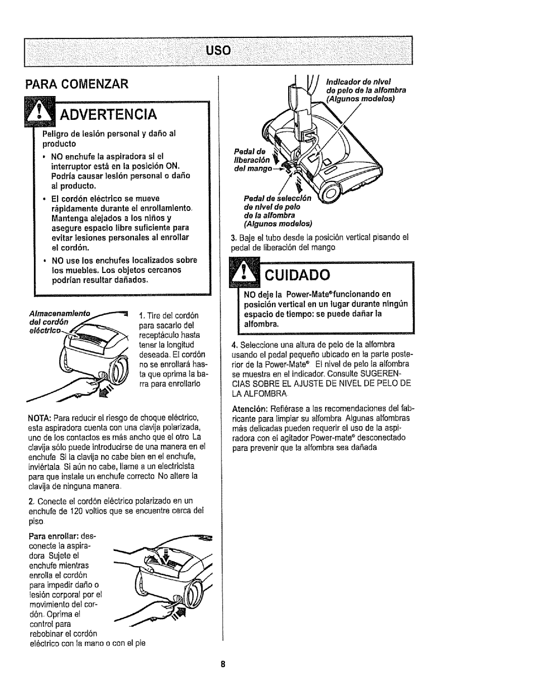 Kenmore 116.29912 owner manual Advertenoia, Para Comenzar, De nlvel de pelo de la alfombra Algunosmodalos 