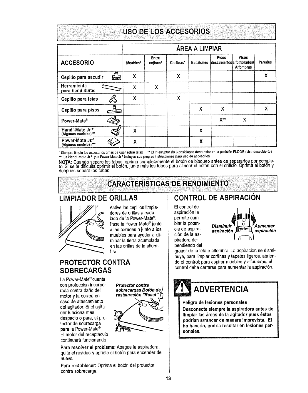 Kenmore 116.29912 owner manual Limpiador DE Orillas, Protector Contra Sobrecargas, Restauracl6n Reset 