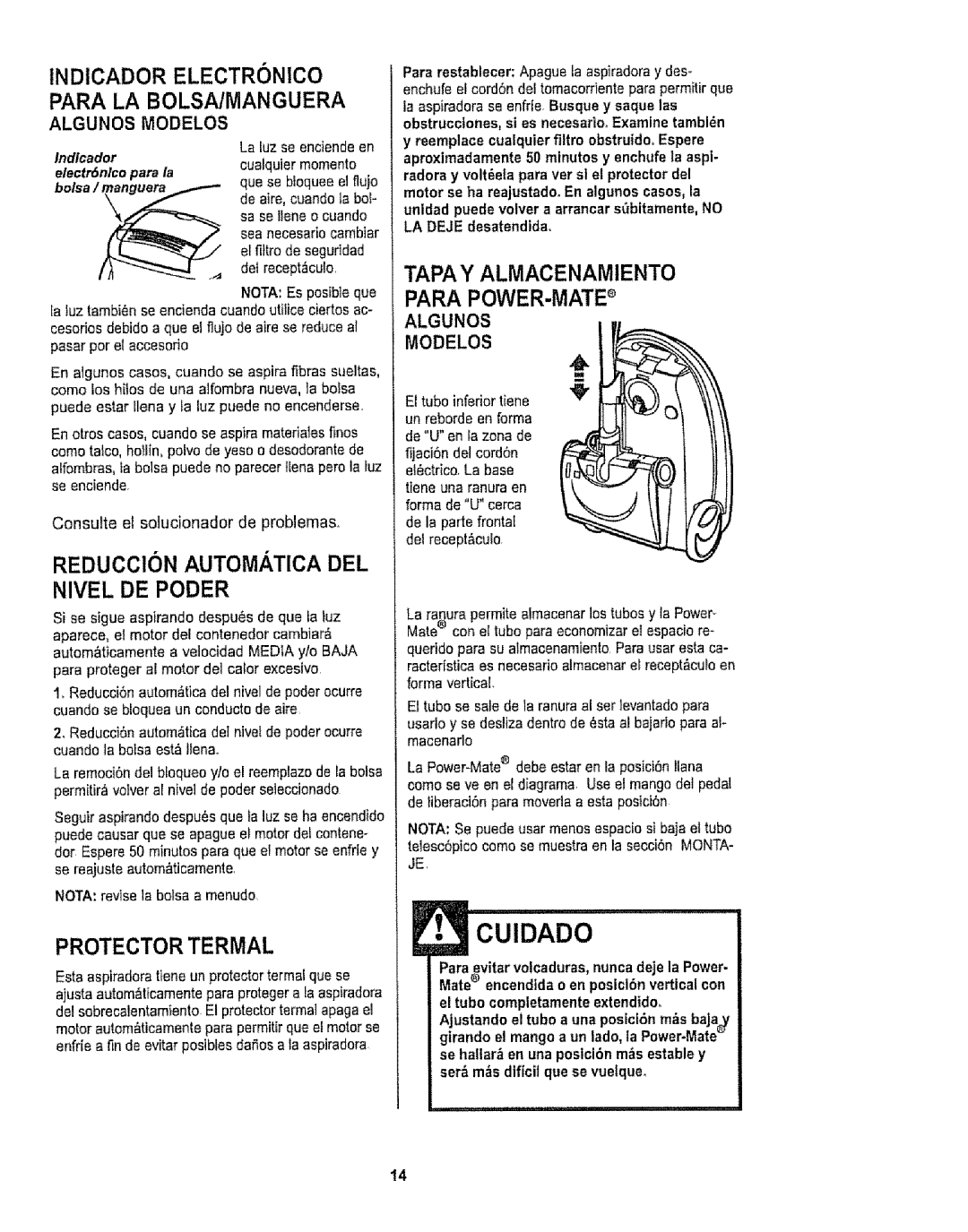 Kenmore 116.29912 Tapay Almacenamiento, Reduccion Automatica DEL, Nivel DE Poder, Para POWER-MATE, Protector Termal 