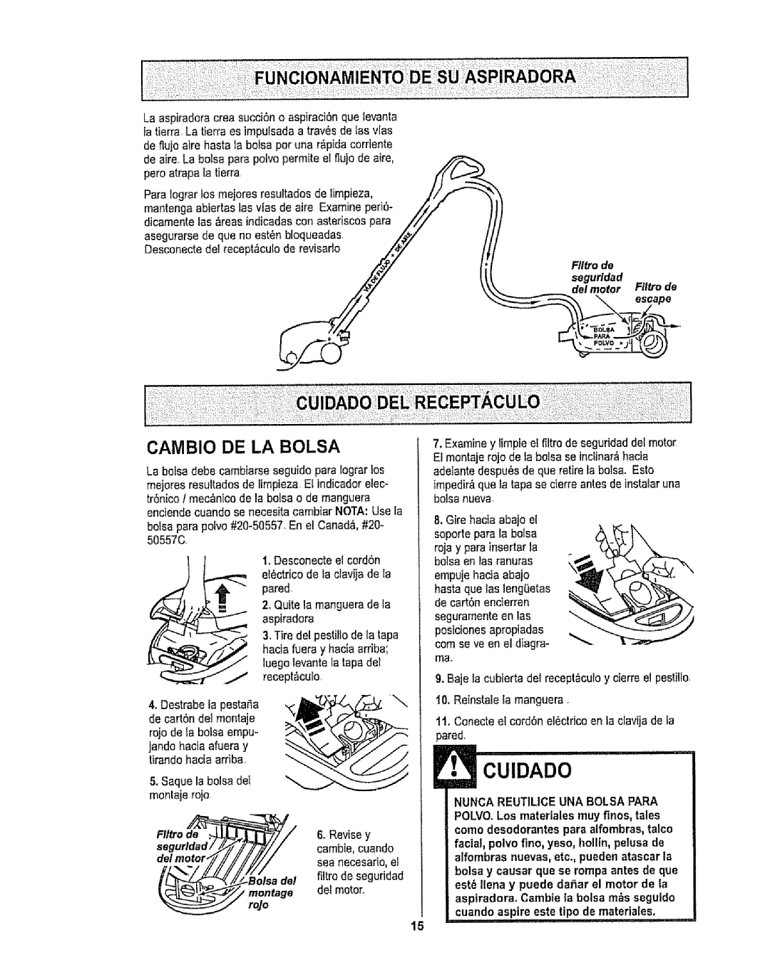 Kenmore 116.29912 owner manual E3 Cuidado, Cambio DE LA Bolsa 