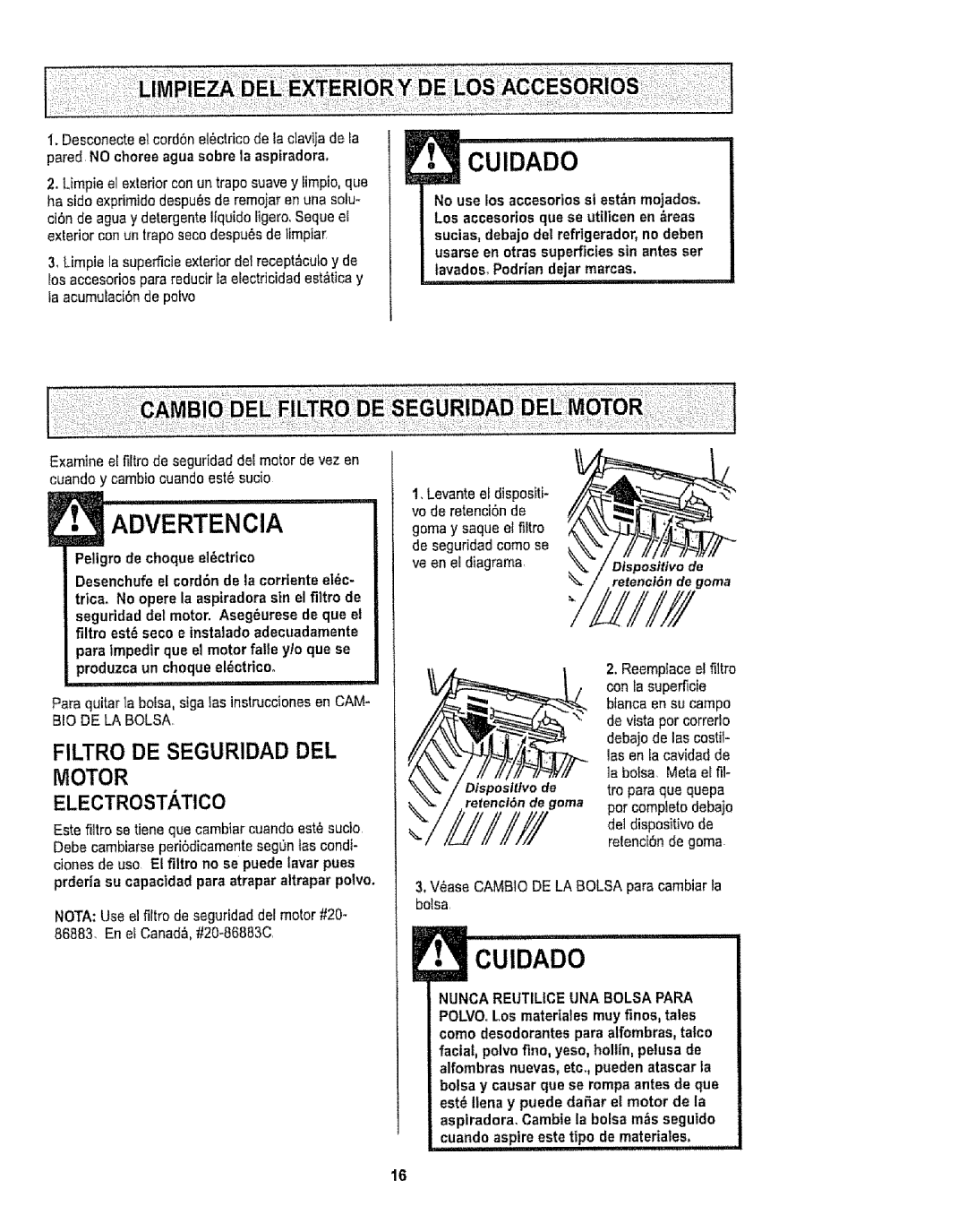 Kenmore 116.29912 owner manual Advertencia, Filtro DE Seguridad DEL Motor 