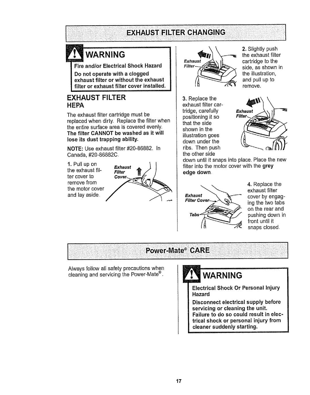 Kenmore 116.29912 owner manual q=, Exhaust Filter, Hepa, Fire and/or Electrical Shock Hazard, _,,,_, illustration goes 