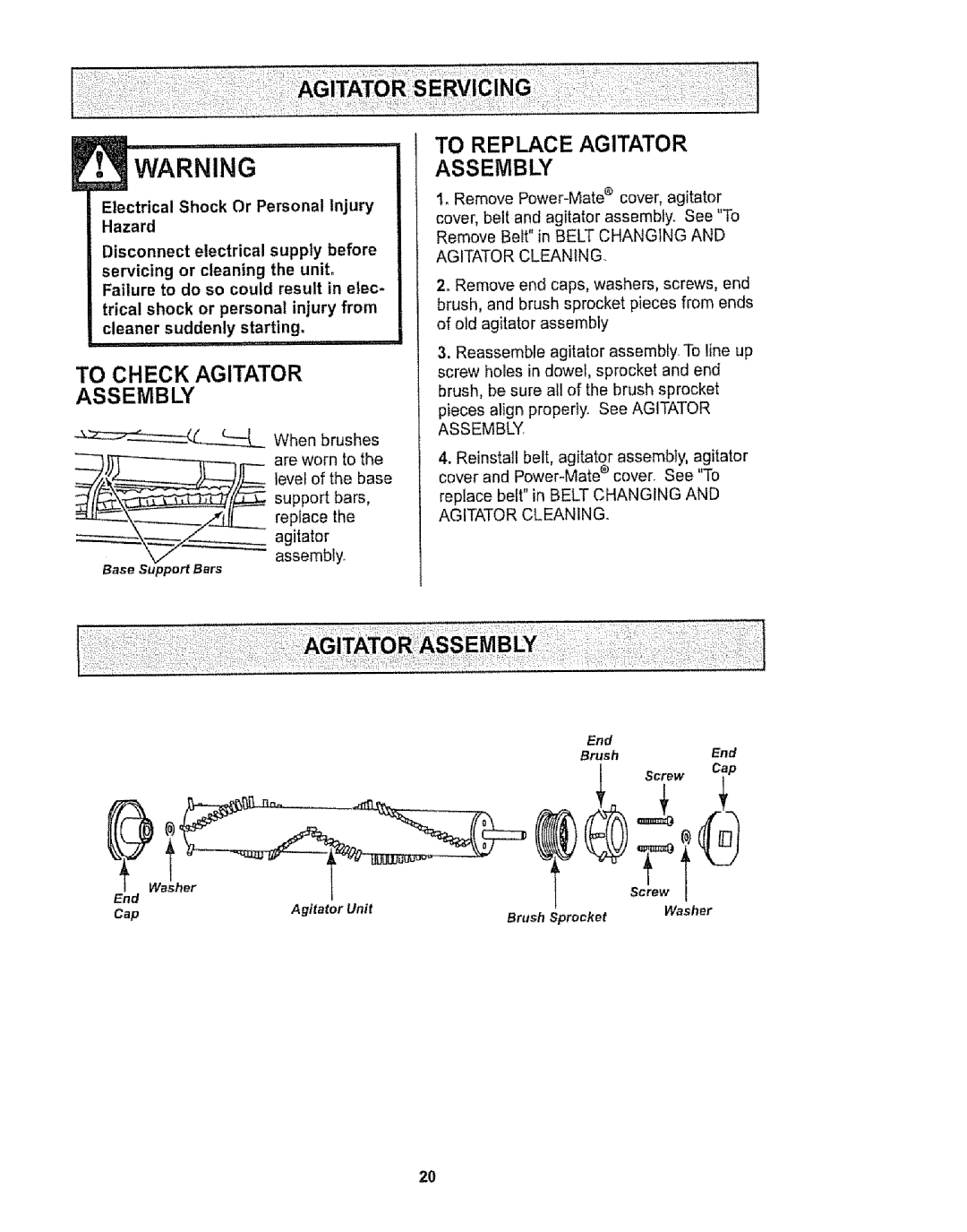 Kenmore 116.29912 To Check Agitator, To Replace Agitator Assembly, Electrical Shock Or Personal Injury Hazard 