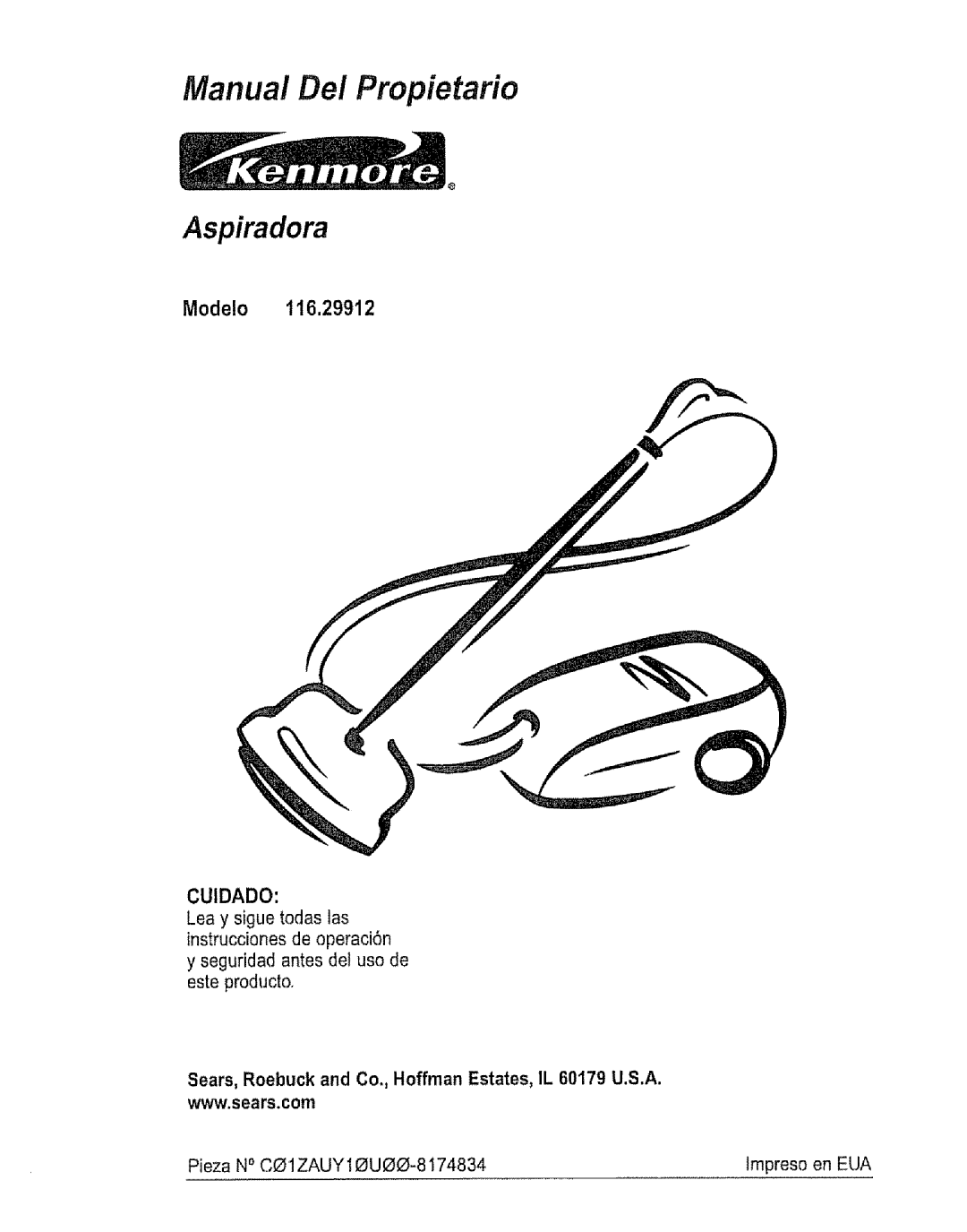 Kenmore 116.29912 owner manual Modelo 1!6.29912, Manual Del Propietario Aspiradora 