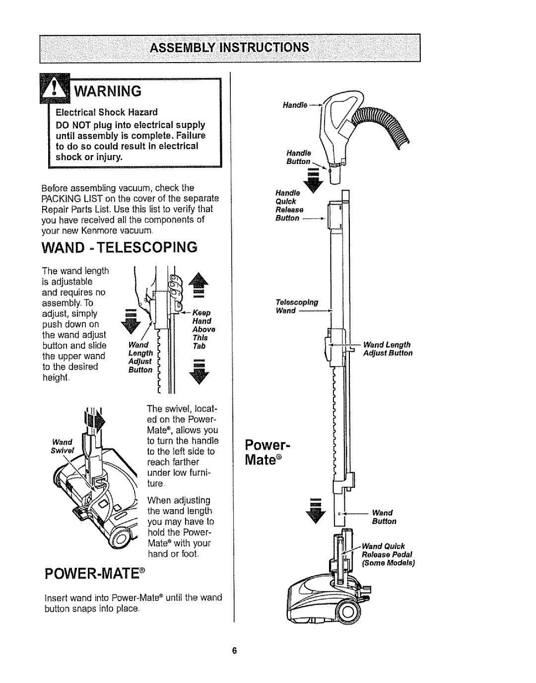 Kenmore 116.29912 POWER-MATEs, E Warning, Wand -Telescoping, Power, Mates, Electrical Shock Hazard, shock or injury 