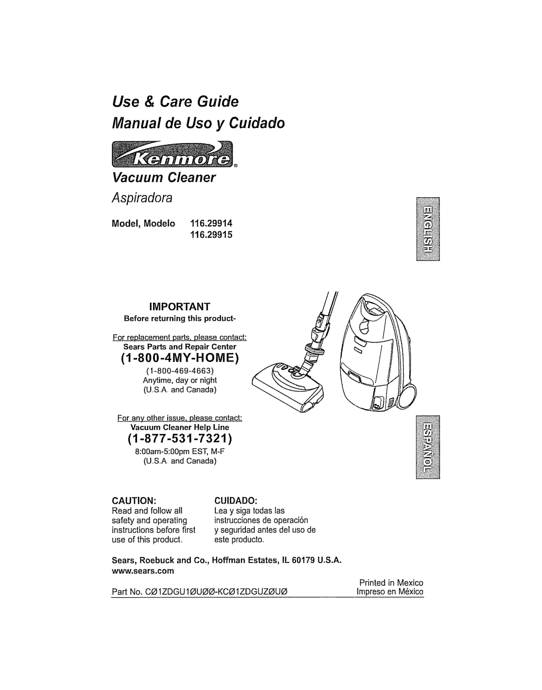 Kenmore 116.29914, 116.29915 manual Use & Care Guide Manual de Uso y Cuidado 