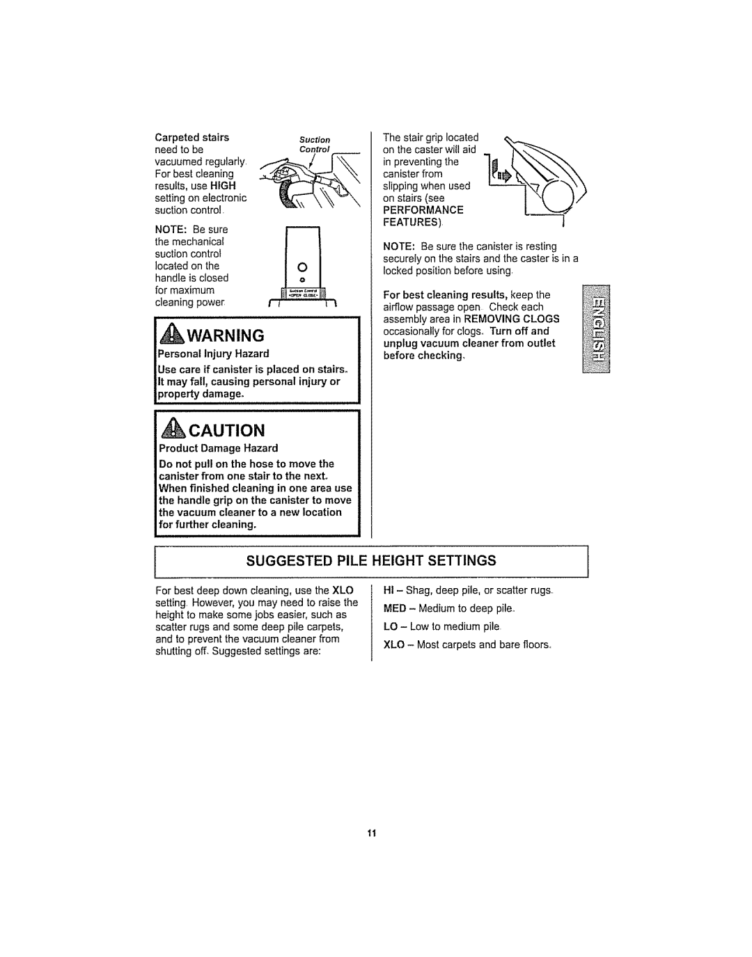 Kenmore 116.29914, 116.29915 manual Suggested Pile Height Settings, Suction 