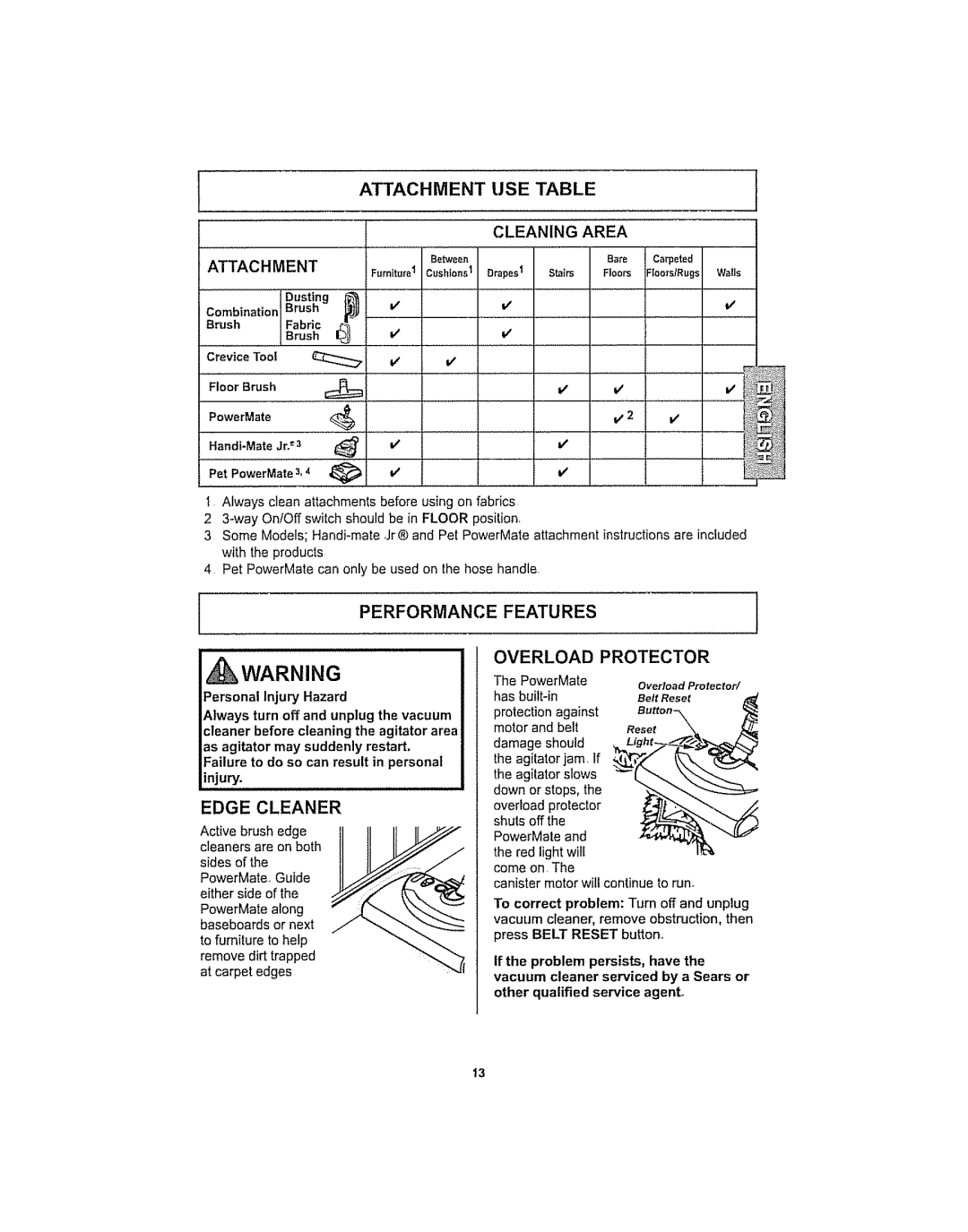 Kenmore 116.29914, 116.29915 manual Attachment USE Table, Performance, Edge Cleaner, Features, Overload Protector 