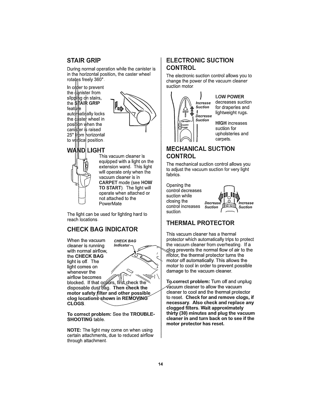 Kenmore 116.29915 manual Stair Grip, Electronic Suction Control, Check BAG Indicator, Mechanical Suction, Thermal Protector 