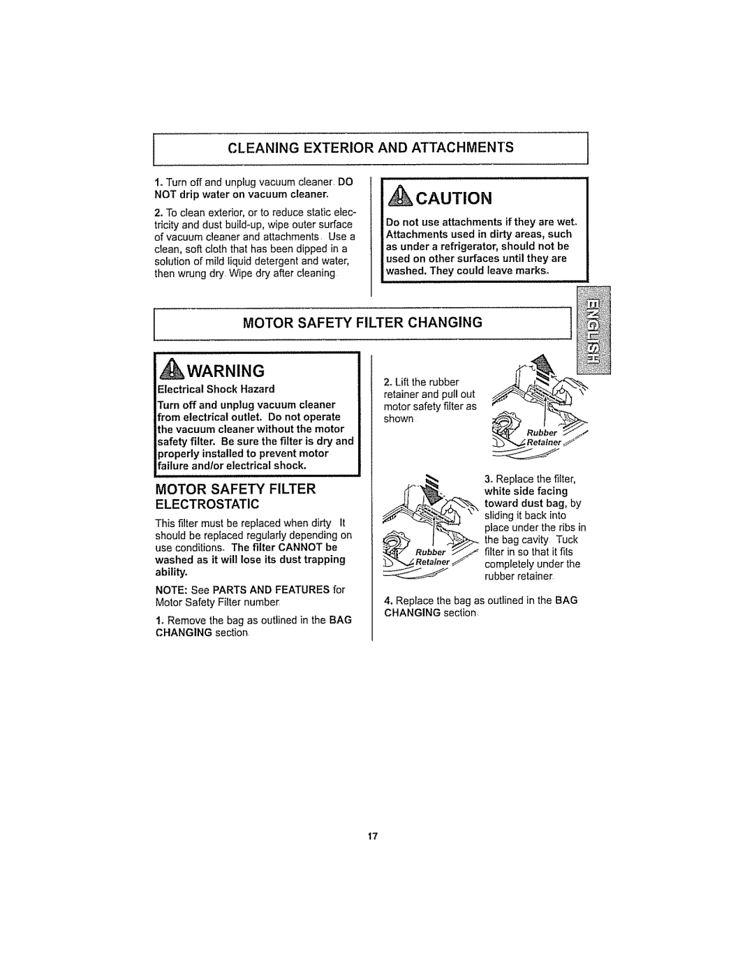 Kenmore 116.29914 manual Cleaning Exterior and Attachments, Motor Safety Filter Changing, Not drip water on vacuum cleaner 