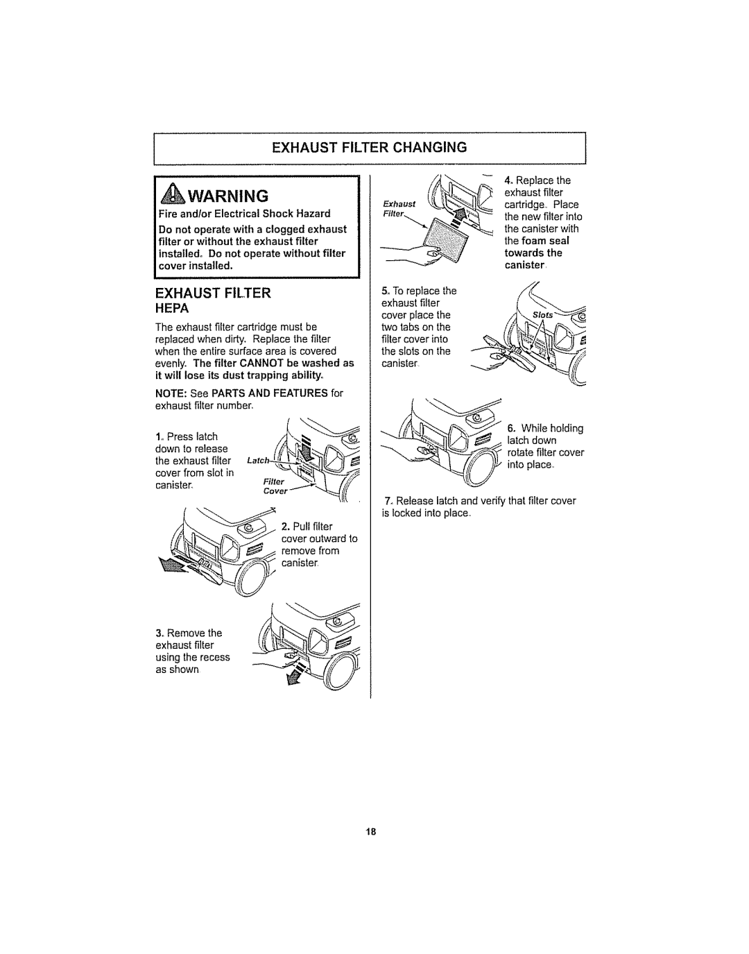 Kenmore 116.29915, 116.29914 manual Exhaust Filter Changing 