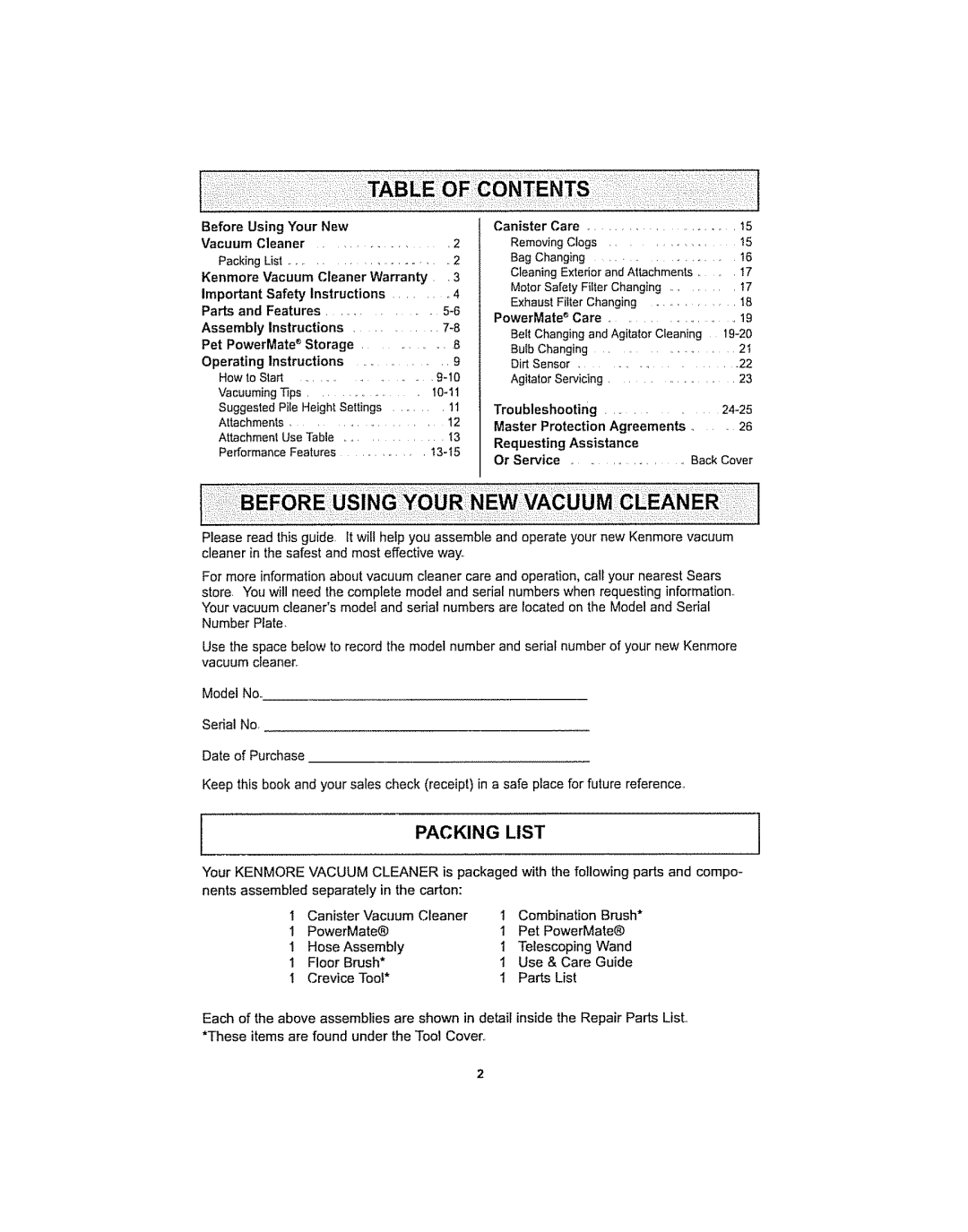 Kenmore 116.29915, 116.29914 manual Packing List 