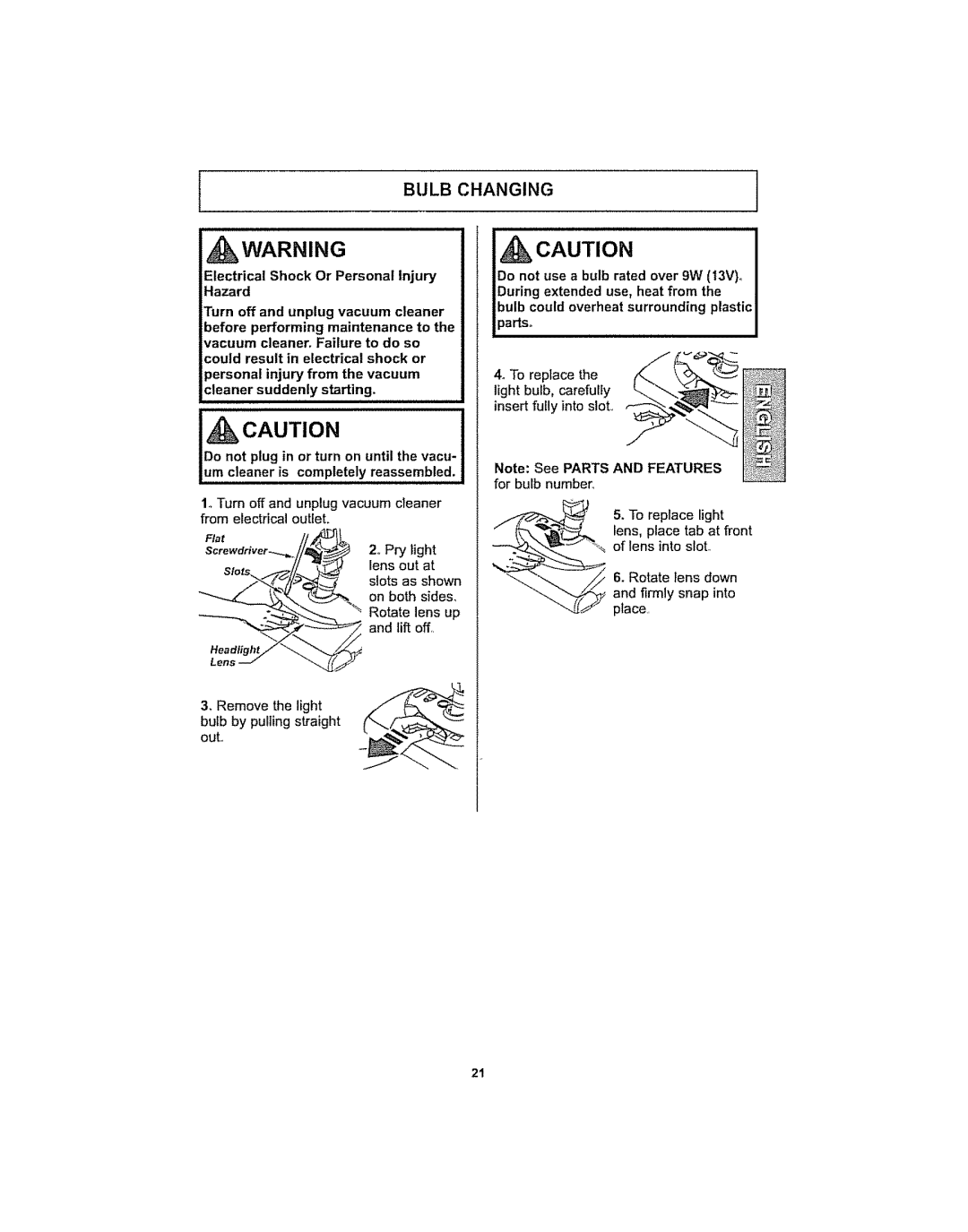 Kenmore 116.29914, 116.29915 manual Bulb Changing, Rotate lens down 