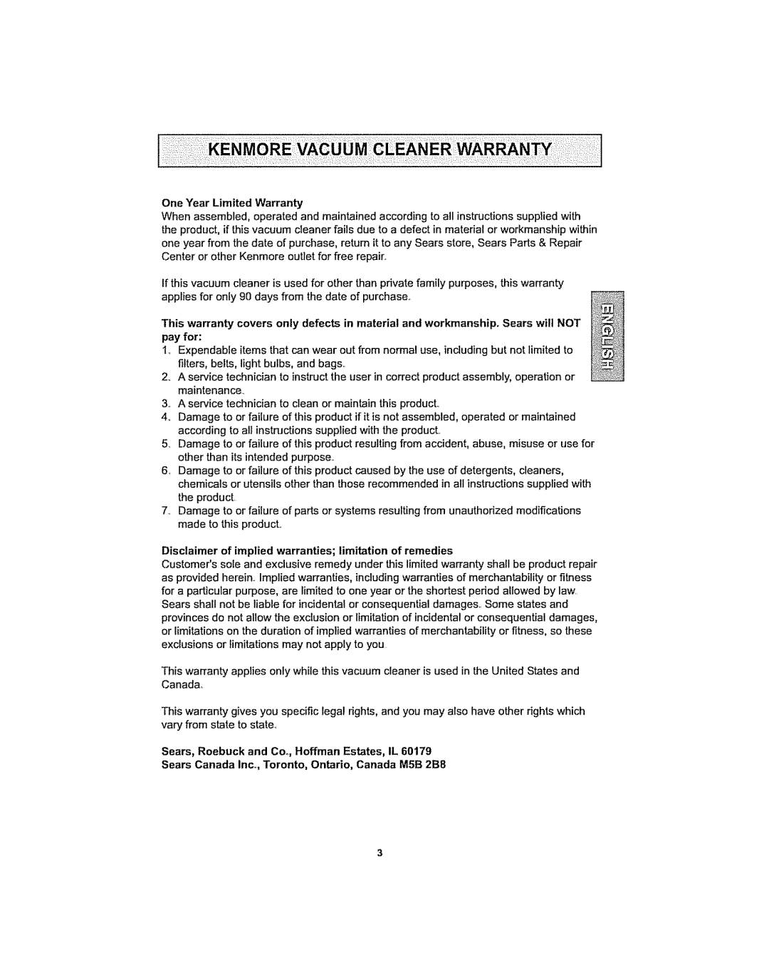 Kenmore 116.29914, 116.29915 manual Disclaimer of implied warranties limitation of remedies 