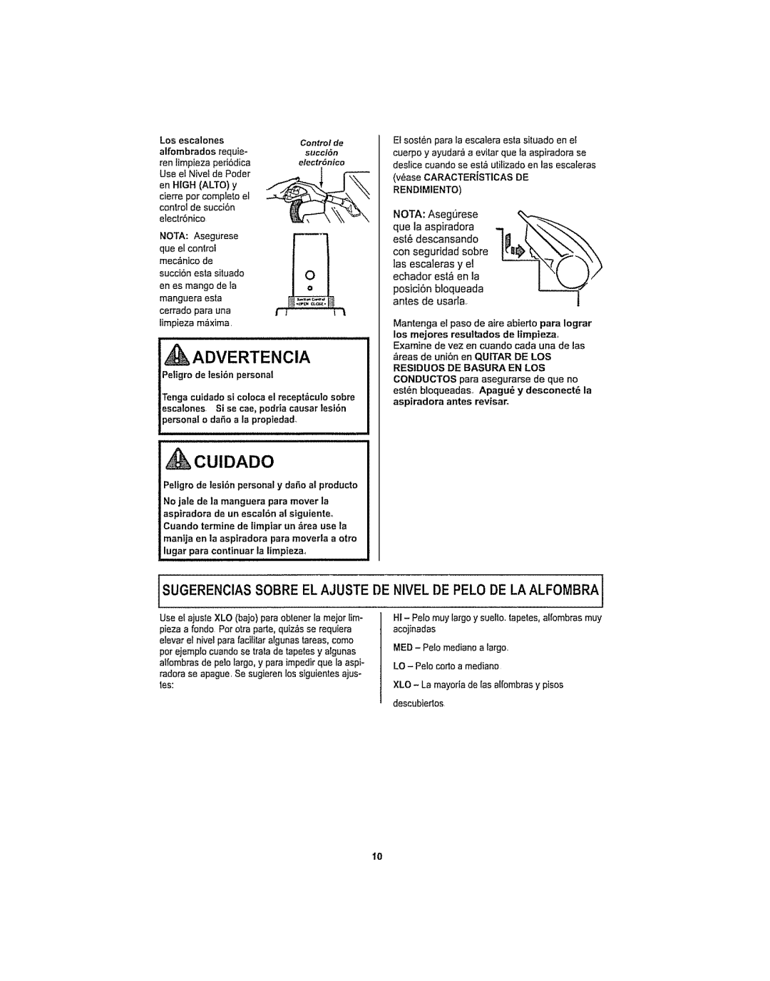 Kenmore 116.29915 manual Sugerencias Sobre EL Ajuste DE Nivel DE Pelo DE LA Alfombra, Los escalones Control de, Efectr6nico 