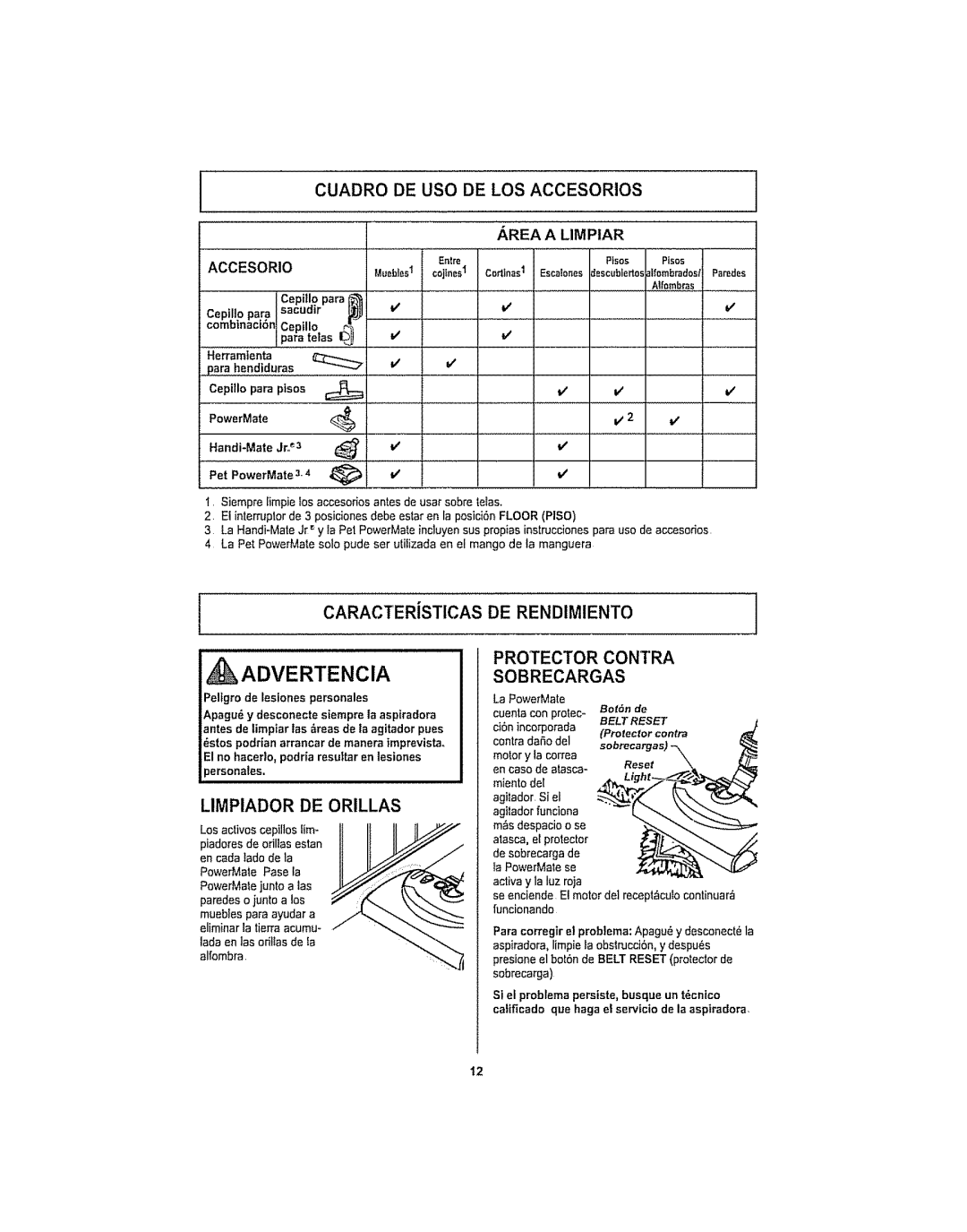 Kenmore 116.29915, 116.29914 manual Limpiador DE Orillas, Protector Contra Sobrecargas 