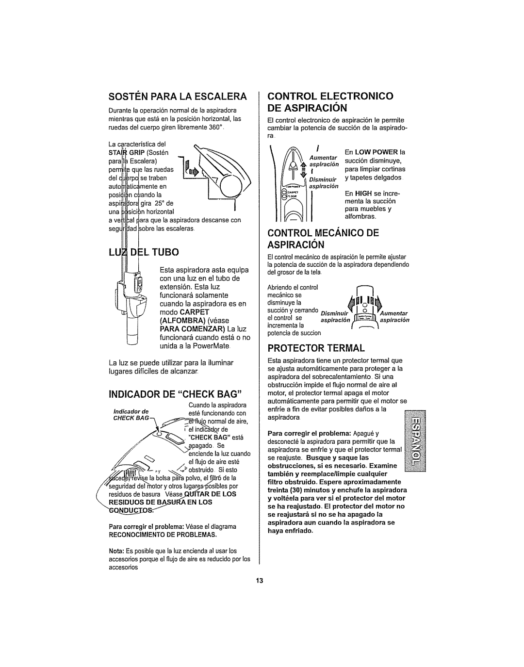 Kenmore 116.29914 manual Sosten Para LA Escalera, Control Electronico, Control Mecanico DE Aspiracion, Protector Termal 