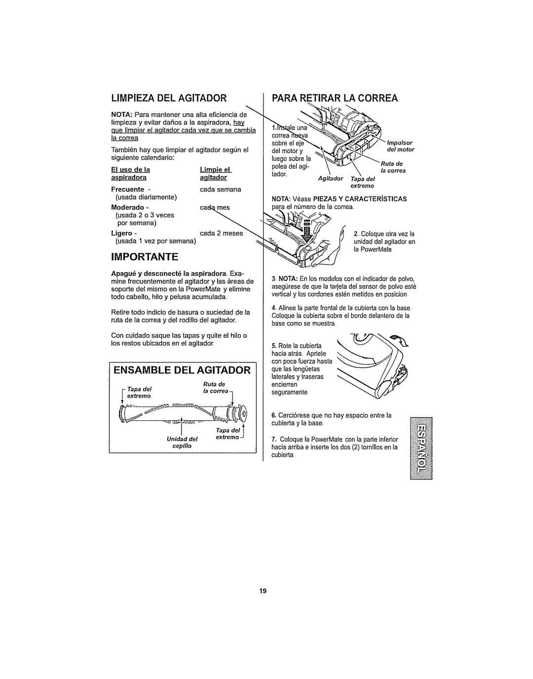 Kenmore 116.29914, 116.29915 manual Limpieza DEL Agitador, Para Retirar LA Correa, Importante, Ensamble DEL Agitador 