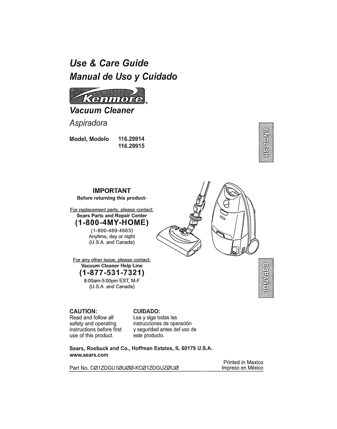 Kenmore 116.29914 manual Use & Care Guide Manual de Uso y Cuidado, Vacuum Cleaner Aspiradora, Model, Modelo t16.29914 