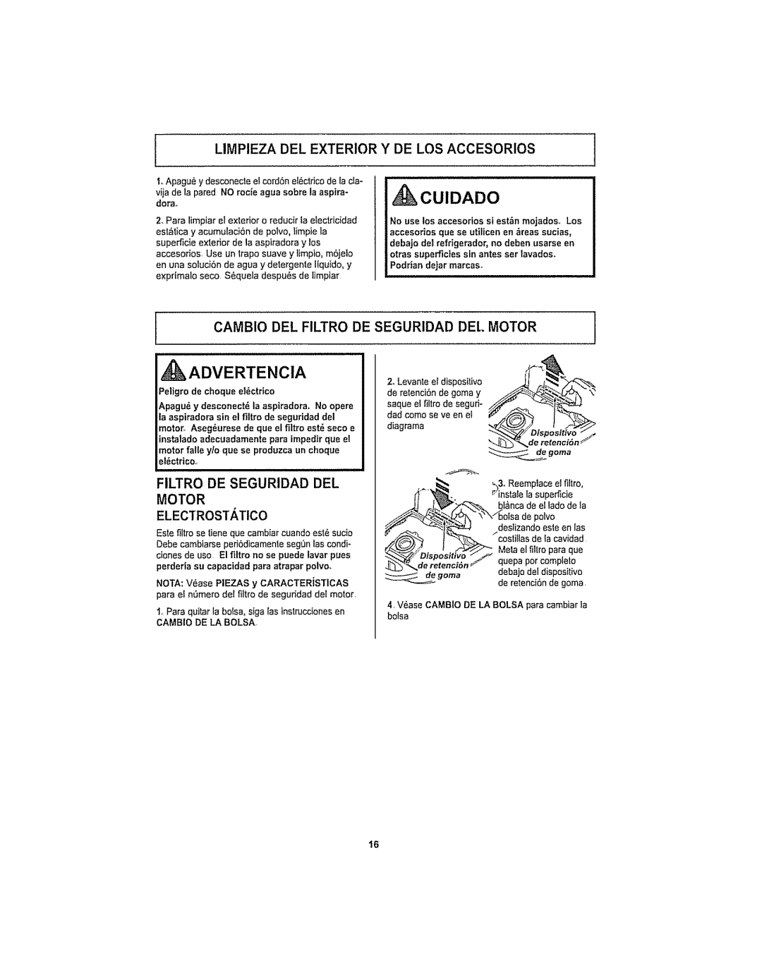 Kenmore 116.29915, 116.29914 manual I, Limpieza Del Exterior Y De Los Accesorios, Cambio Del Filtro De Seguridad Del Motor 