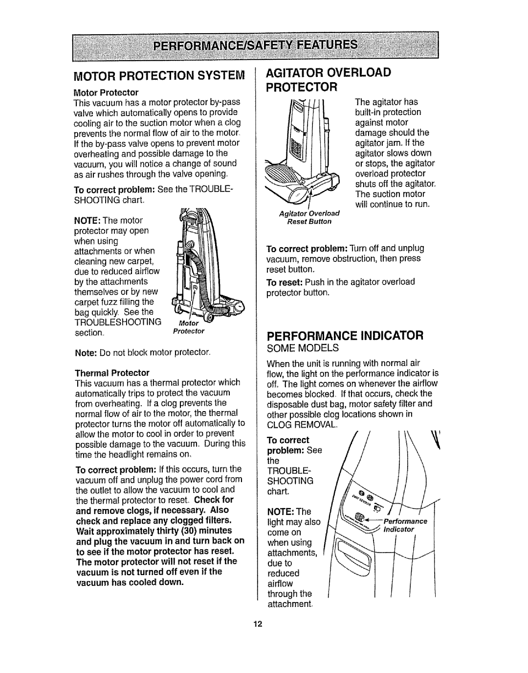 Kenmore 116.30912 Agitator Overload Protector, Motor Protector, To correct problem Shooting charL, Vacuum has cooled down 