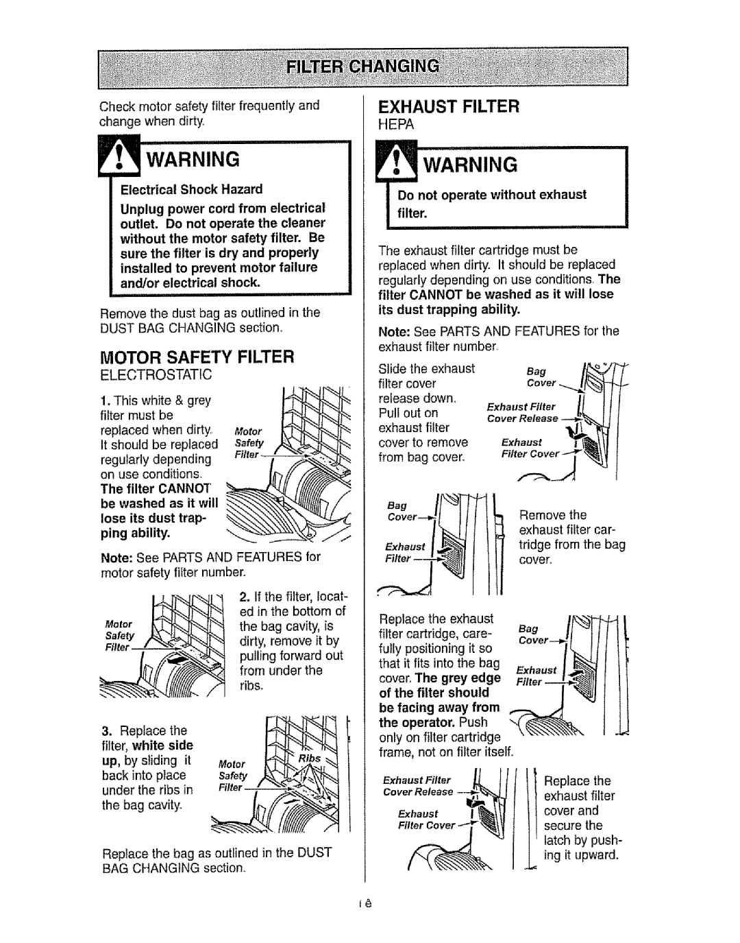 Kenmore 116.30912 manual Motor Safety Filter, Exhaust Filter 