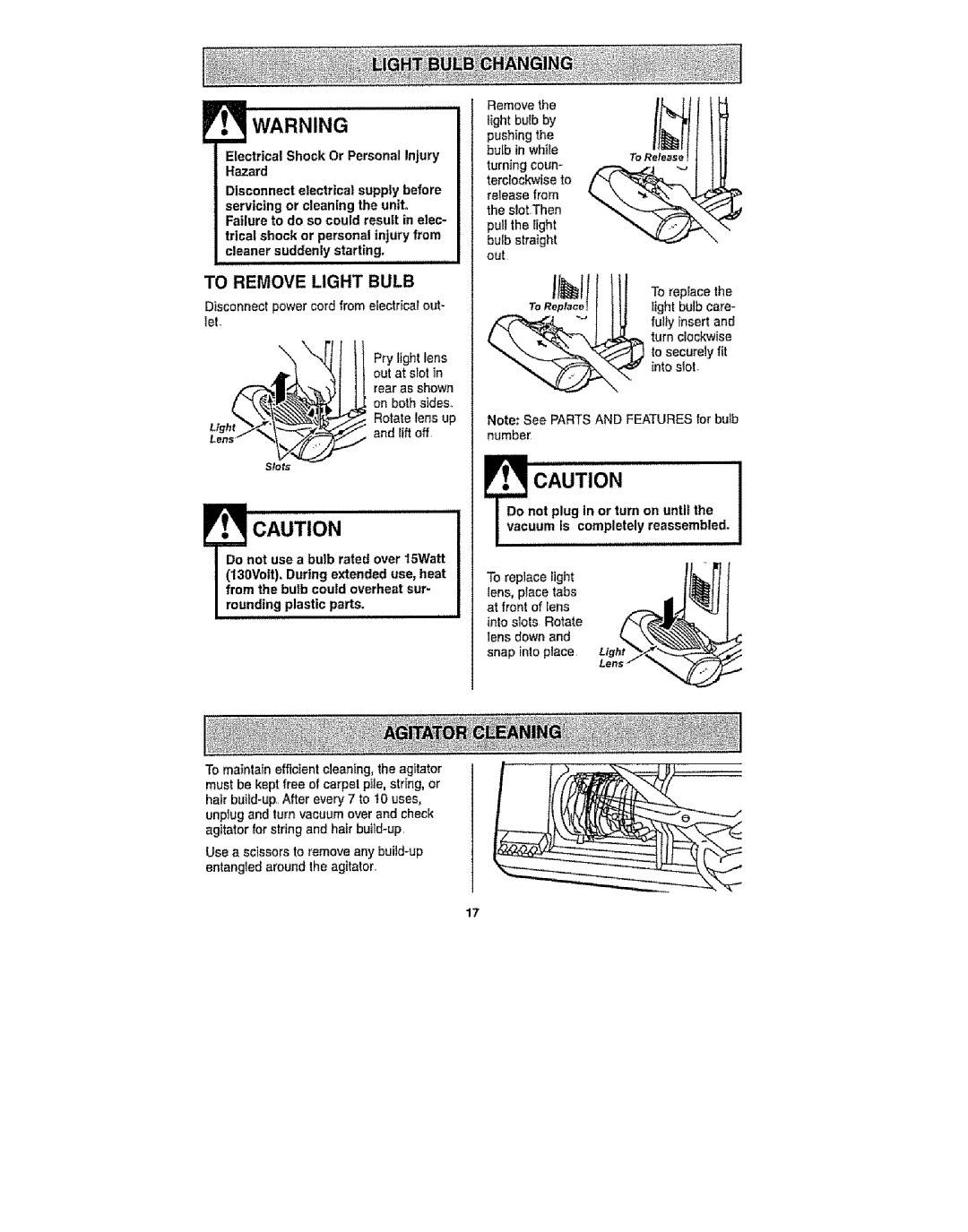 Kenmore 116.30912 manual To Remove Light Bulb, Pushingthe 