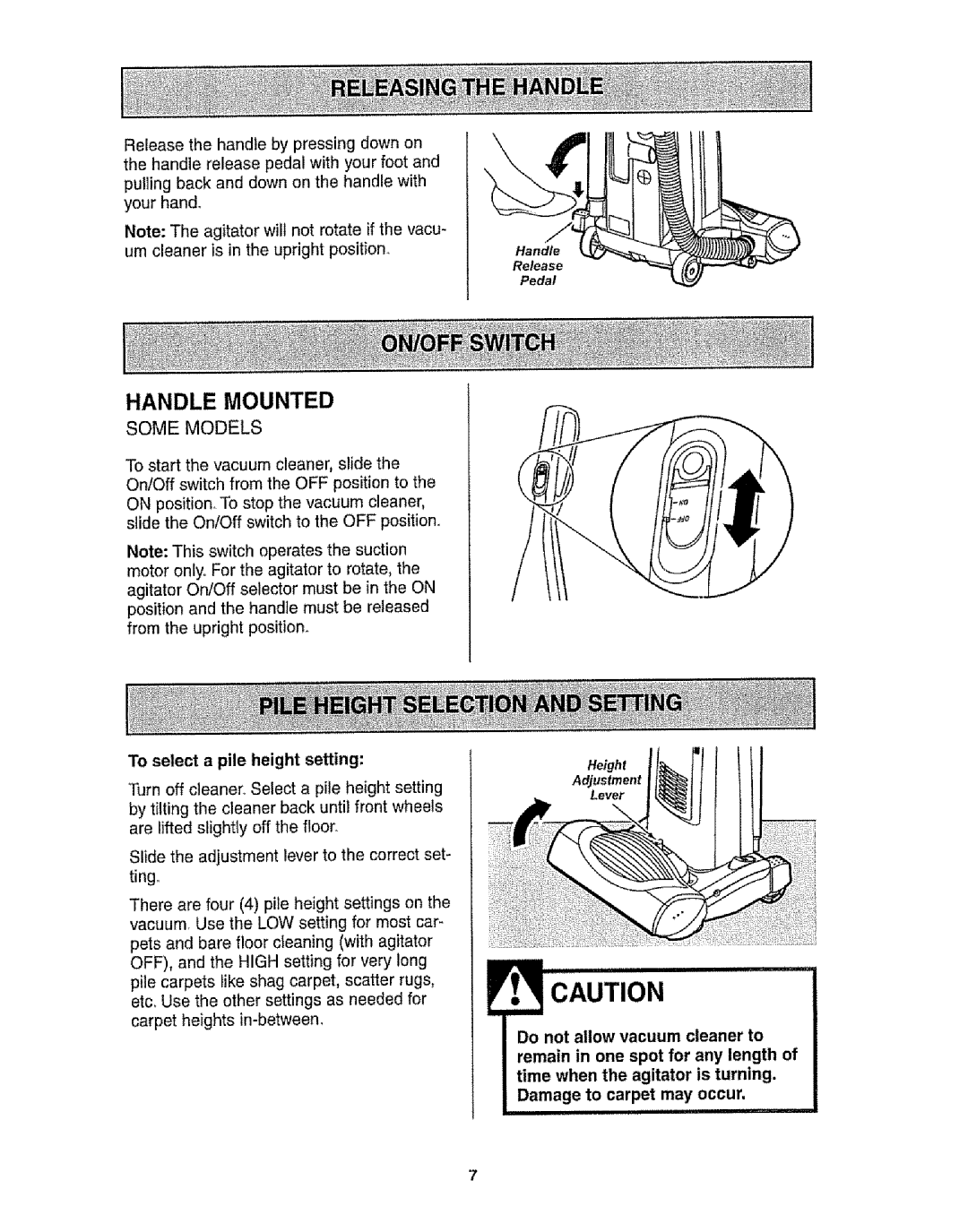 Kenmore 116.30912 manual Handle Mounted, To select a pile height setting 