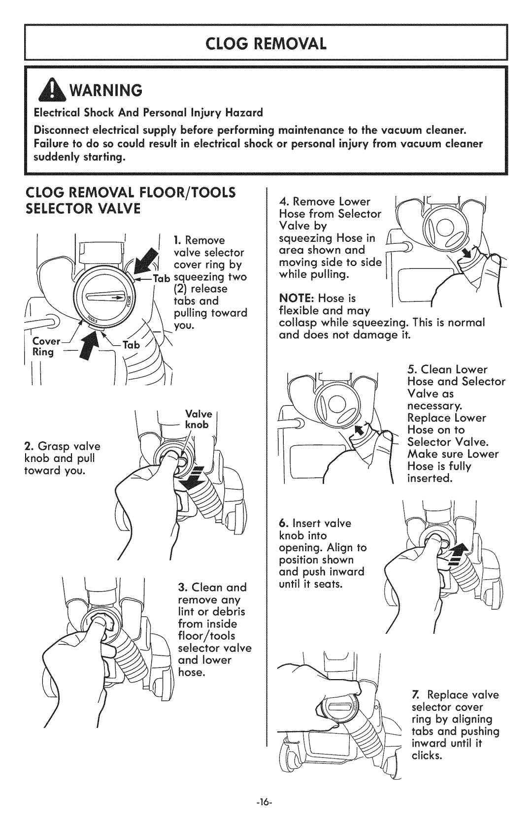 Kenmore 116.31591 manual Clog Removal FLOOR/TOOLS Selector Valve 