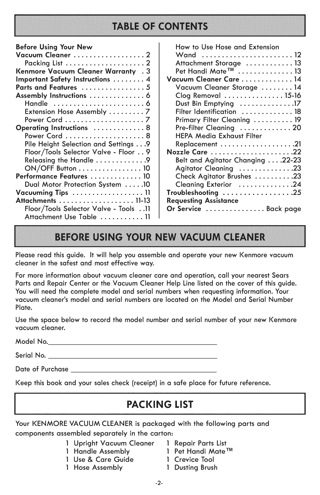 Kenmore 116.31591 manual Packing List 