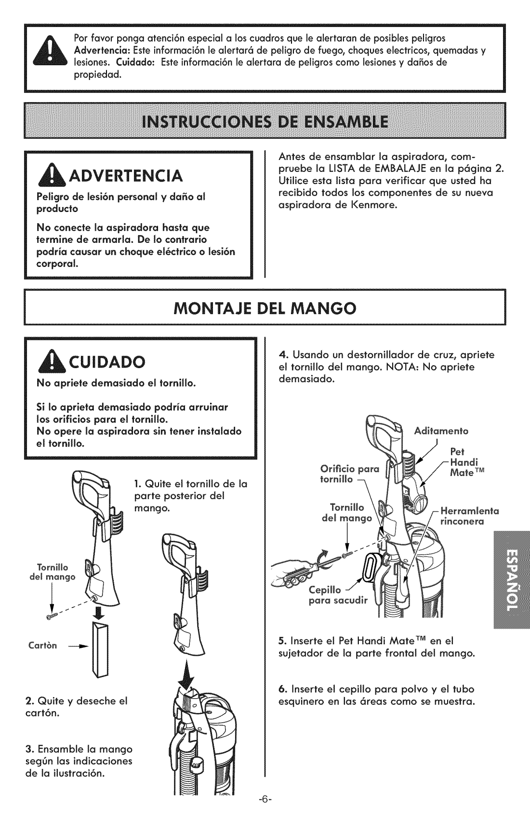 Kenmore 116.31591 manual Advertencia, Montaje DEL Mango Cuidado 