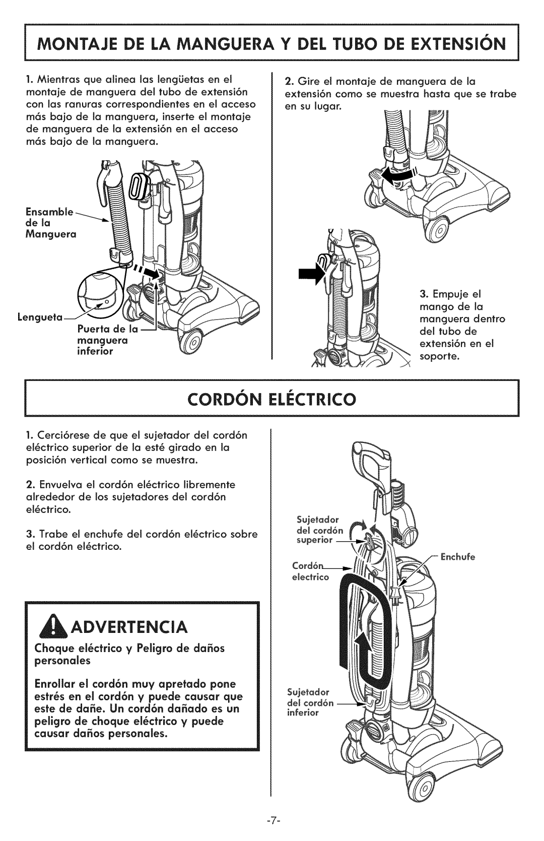 Kenmore 116.31591 Montaje DE LA Manguera Y DEL Tubo DE EXTENSI6N, Cordon Elctrico, Enrollar el cord6n muy oprefado pone 