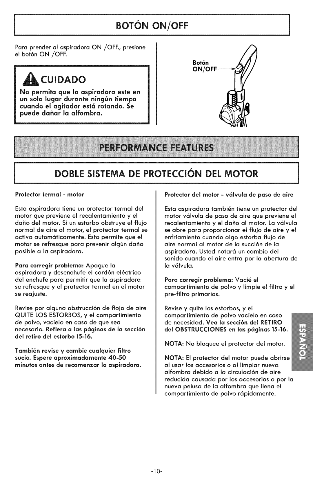 Kenmore 116.31591 manual Doble Sistema DE Proteccion DEL Motor, Alfombra, De aire 