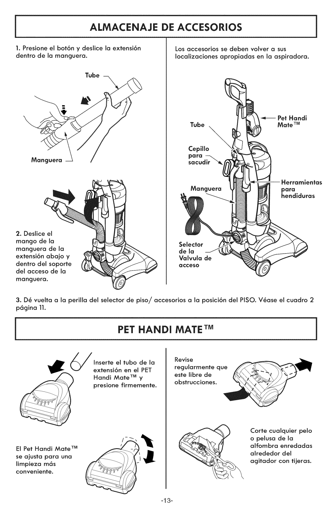 Kenmore 116.31591 manual Almacenaje DE Accesorios, PET Handi Mate TM 