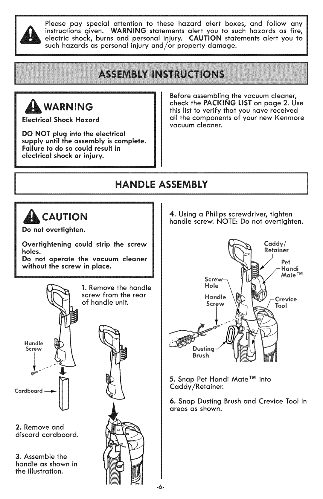 Kenmore 116.31591 manual Handle Assembly, Electrical shock or injury 