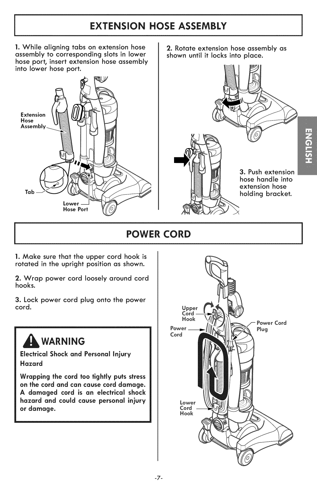 Kenmore 116.31591 manual Extension Hose Assembly, Power Cord, Lock power cord plug onto the power cord 