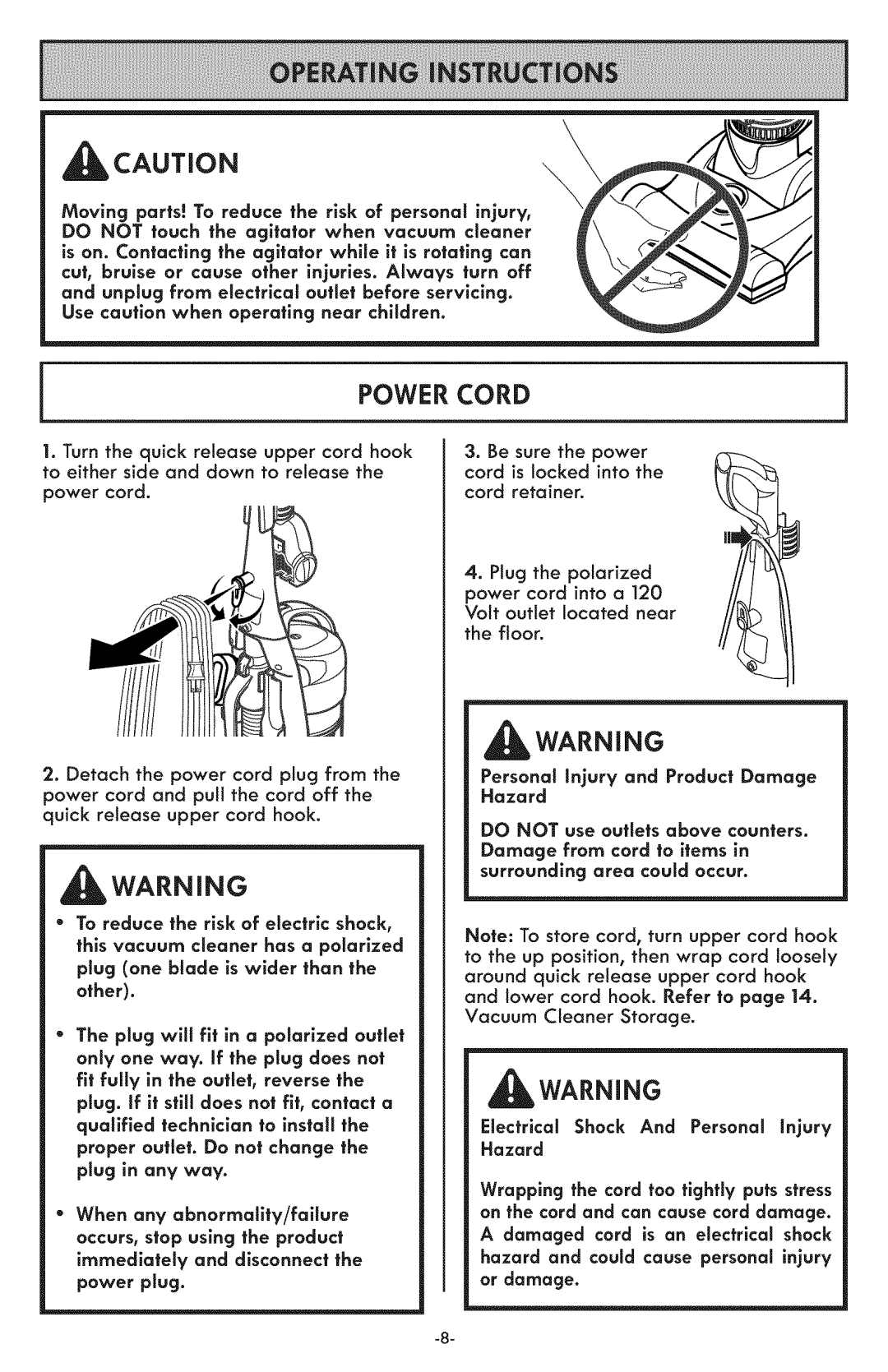 Kenmore 116.31591 manual Power Cord, Warn ING, Personal injury and Product Damage Hazard 