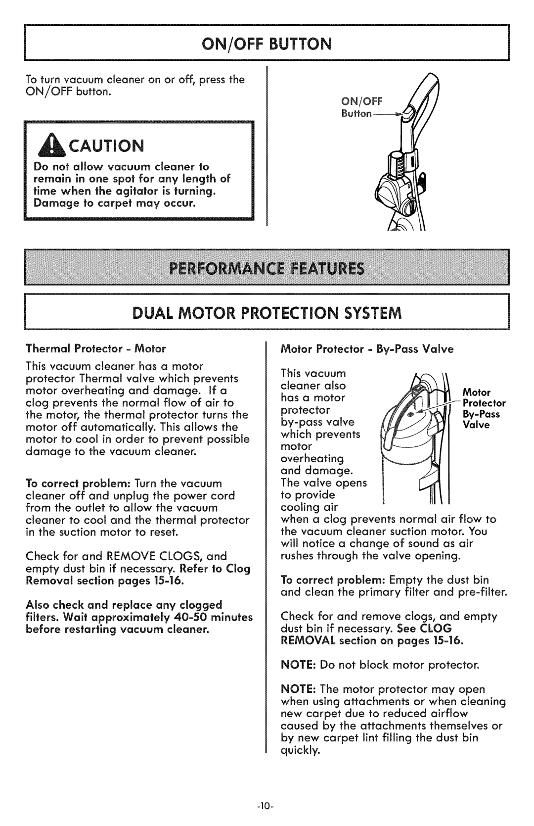 Kenmore 116.31591 manual On/Off Button, Dual Motor Protection System, overheating 