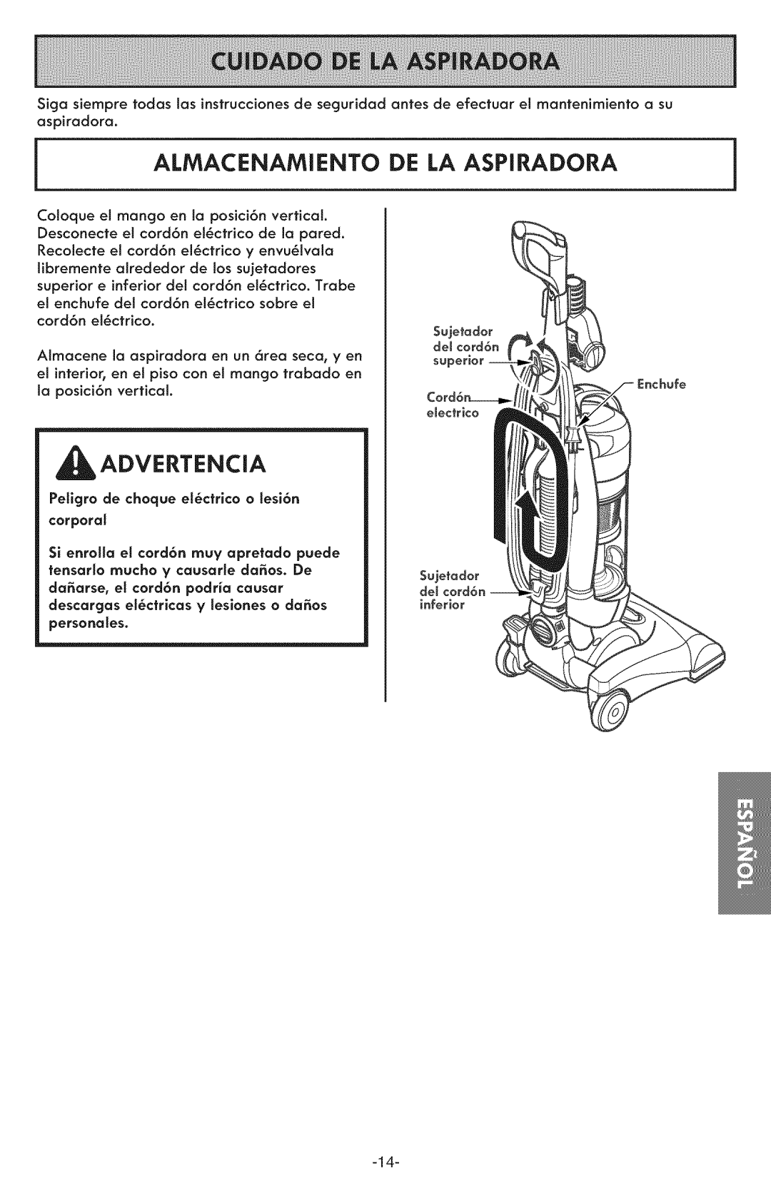 Kenmore 116.31591 manual Almacenamiento De La Aspiradora, _ADVERTENCiA 