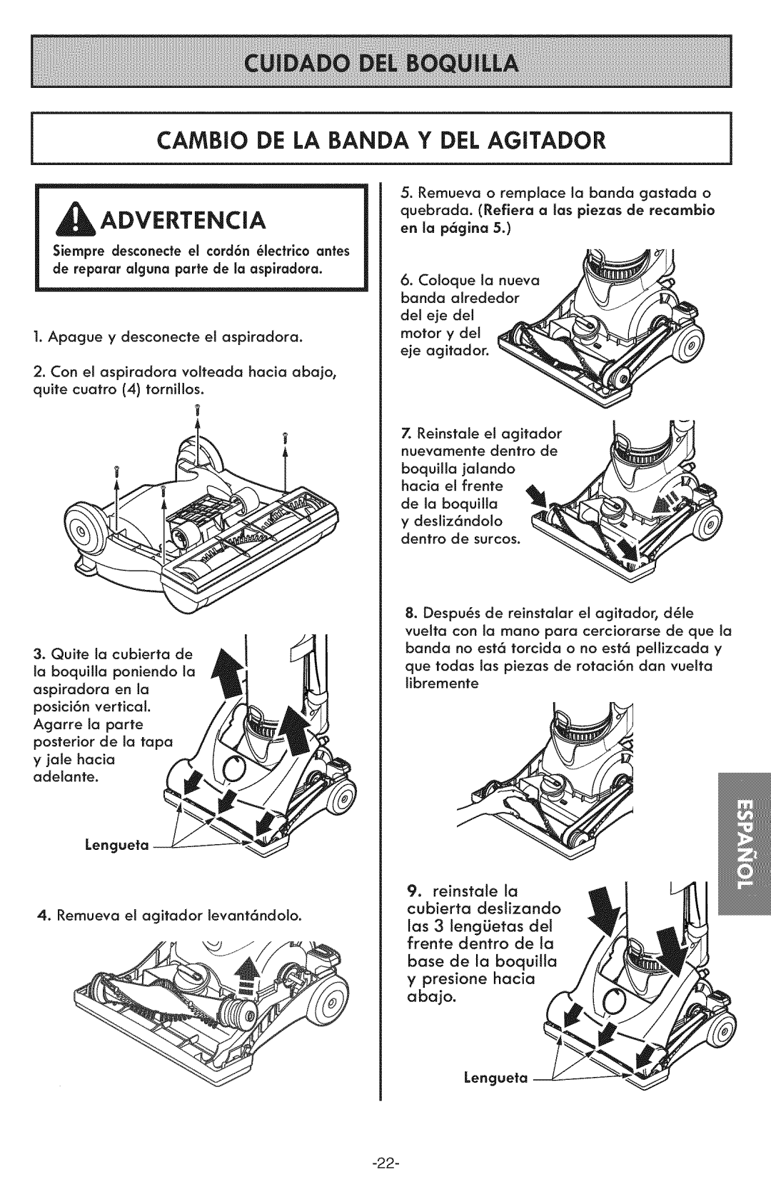 Kenmore 116.31591 manual Cambio De La Banda Y Del Agitador, bo_ed_foboqo_Jlo//7 J, Advertencia 