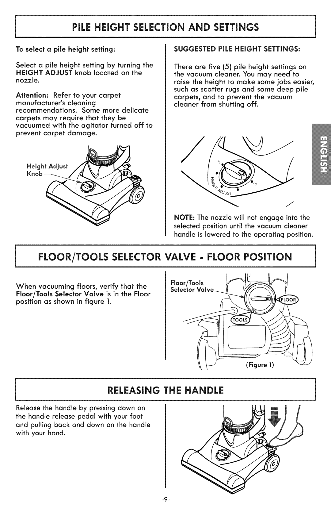 Kenmore 116.31591 PiLE HEIGHT SELECTION AND SETTINGS, FLOOR/TOOLS SELECTOR VALVE - FLOOR POSiTiON, Releasing The Handle 