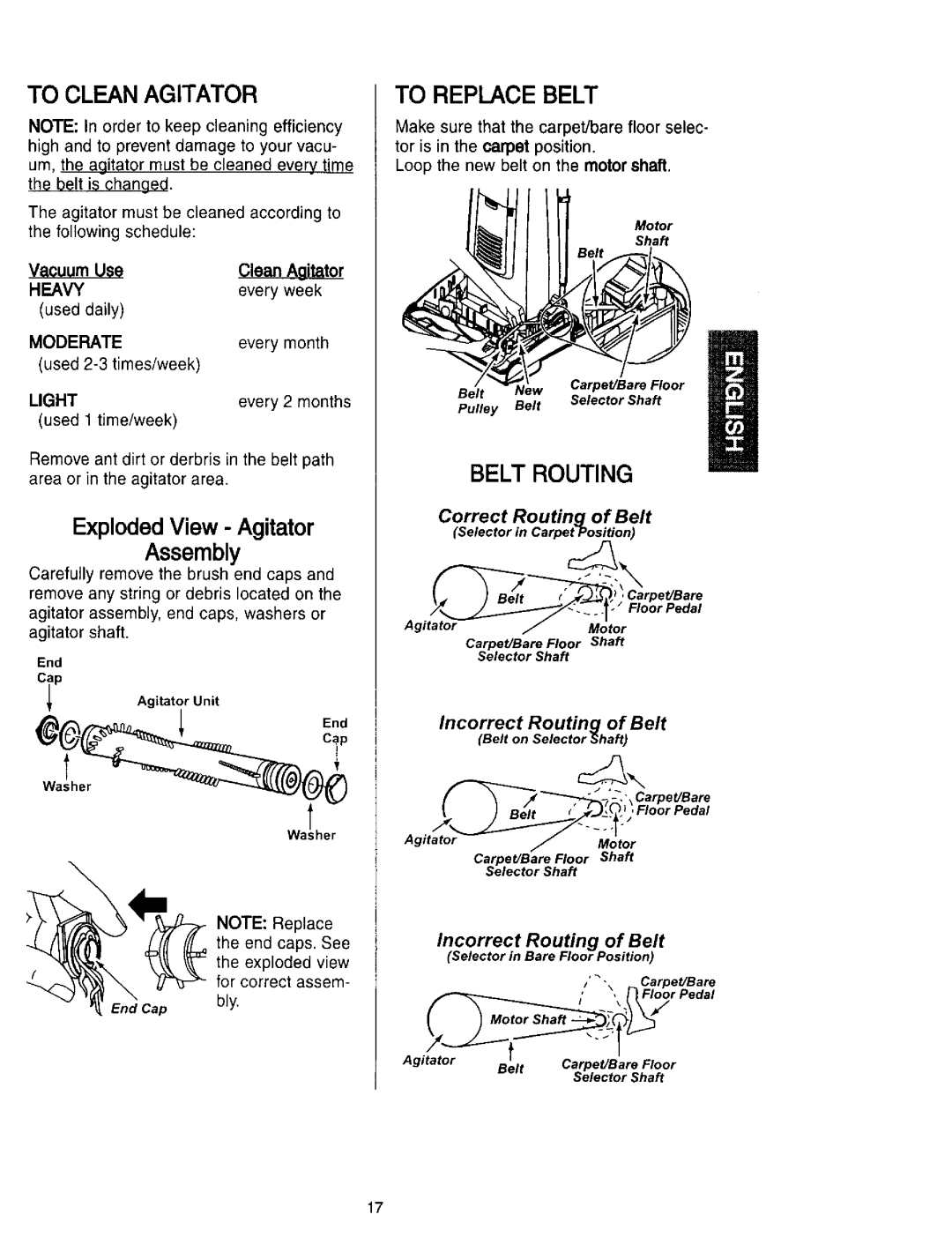 Kenmore 632, 116.31613, 116.31412, 116.31612A, 631, 116.31512 To Clean Agitator, Belt Routing, Every week, Used 2-3 times/week 