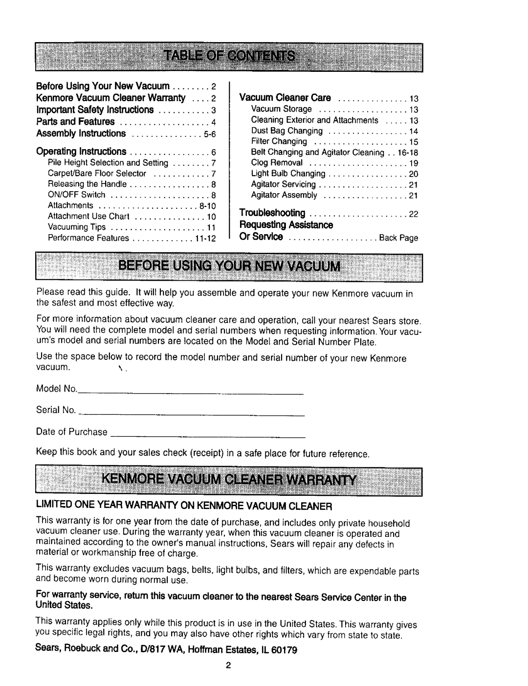 Kenmore 11, 613 ImportantSafety Instructions, Parts and Features, Assembly Instructions, Operating Instructions, BackPage 